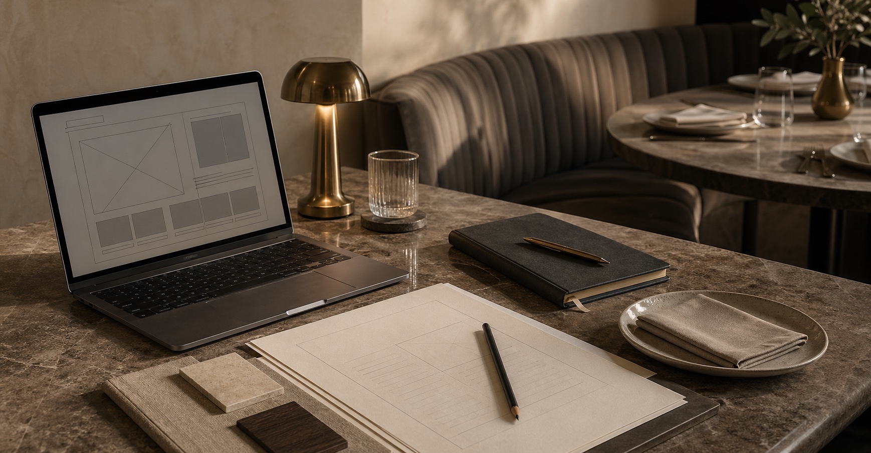 Hospitality launch planning materials on a restaurant table.